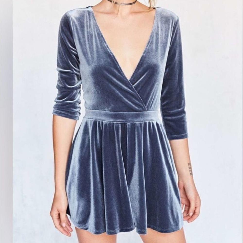 UO Silence + Noise Blue/Grey Velvet Romper